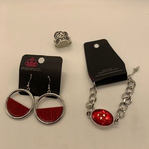 NWT Paparazzi Red and Silver Tone Earrings, Ring & Bracelet